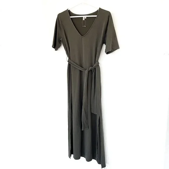 ASOS olive green belted maxi dress w/side slit 6 - Picture 5 of 9